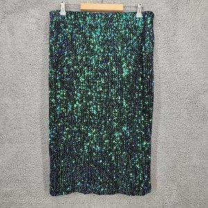 LOST INK Women's Size 1X Black Green Sequin Midi Length Zip Closure Pencil Skirt